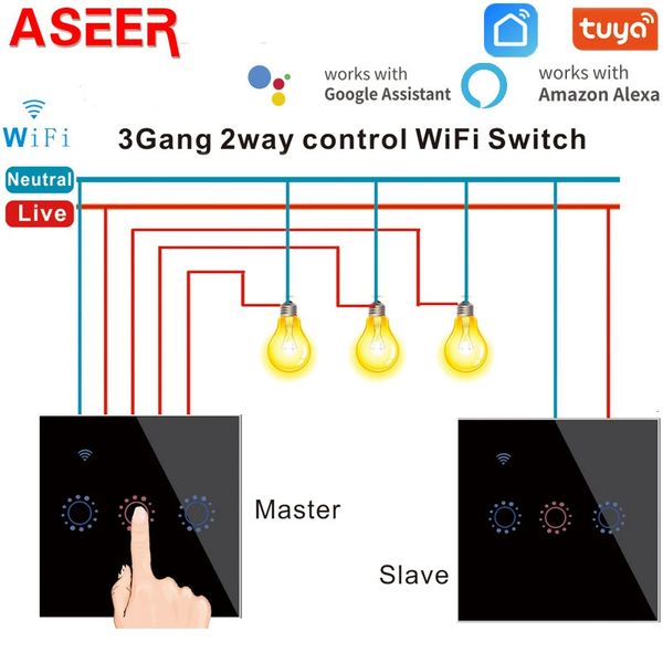 Switches Acessórios ASEER EwelinkTuya Smart 123 Gang 2 Way WIFI Switch UE Vidro Temperado Touch Compatível Siri Alexa Google Home 231202