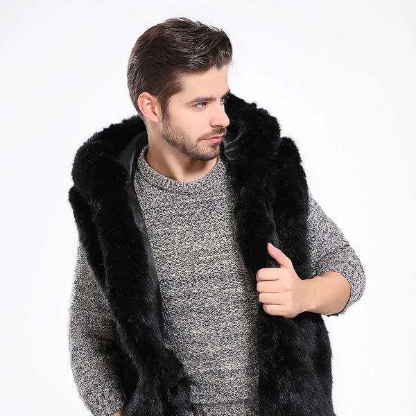 Coletes masculinos moda outono e inverno preto jaqueta quente faux pele sem mangas casaco com colete com capuz 231202