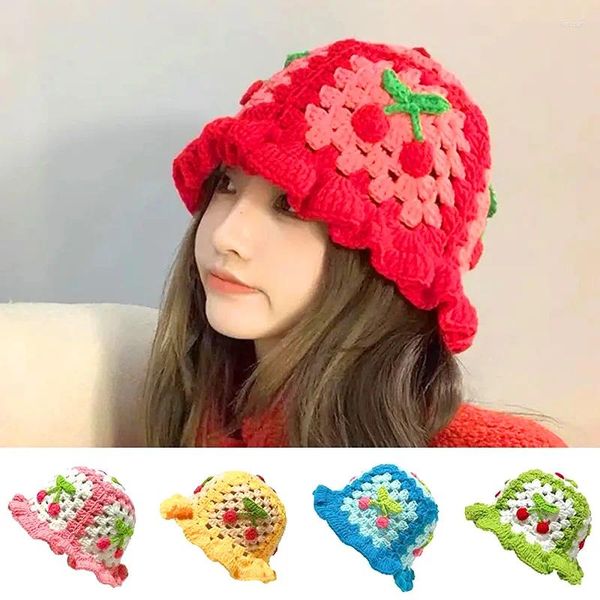 Berets Koreanische Mode Hohl Gestrickte Eimer Hut Für Frauen Mädchen Süße Nette Häkeln Kirsche Fisherman Caps Weibliche Casual Beanies Hüte