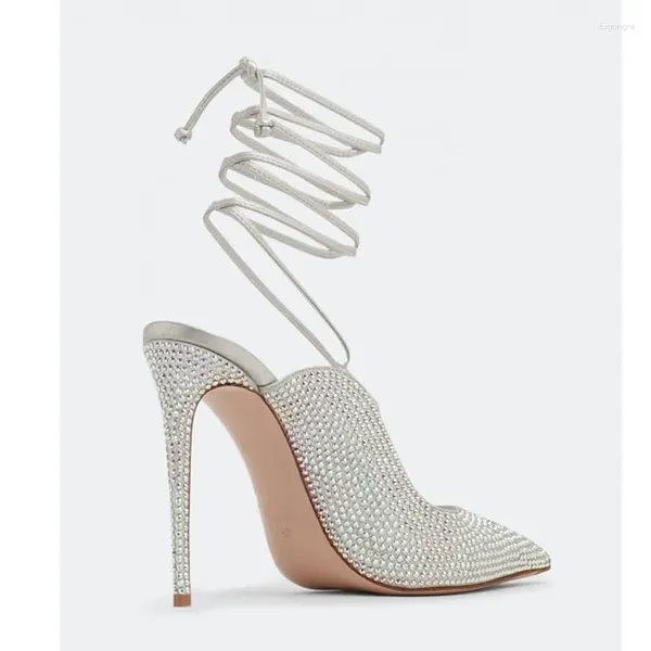 Сандалии оптом, 2023 г., женские роскошные блестящие туфли на высоком каблуке со шнуровкой по щиколотку, вечерние, свадебные, блестящие туфли-лодочки на шпильке