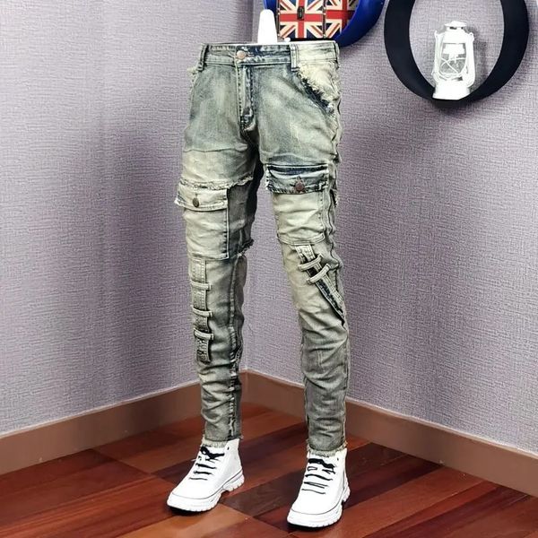 Мужские джинсы осень-зима рваные джинсовые джинсы с нашивками тонкие ноги модные ретро брюки-карго винтажные Pantalon Skinny Homme 231202