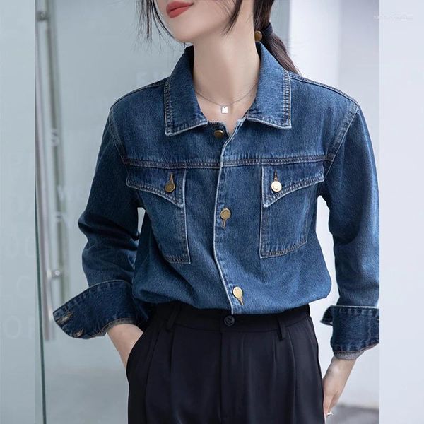Женские блузки 2023, весенняя корейская свободная повседневная хлопковая синяя женская джинсовая рубашка на пуговицах Z032