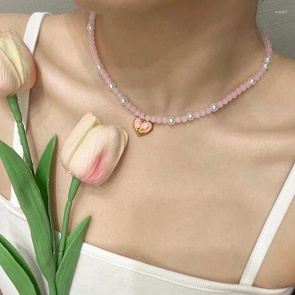 Ожерелья с подвесками в форме сердца, тюльпан, розовое ожерелье из бисера для женщин, простая деликатная темпераментная Очаровательная цепочка на ключицы, модные подарки