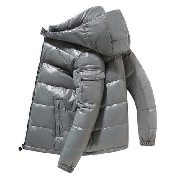 Jaqueta masculina de inverno para baixo, jaqueta com almofada de bolha, roupas brilhantes, chapéu destacável, quente, preto, à prova d'água, lavagem livre