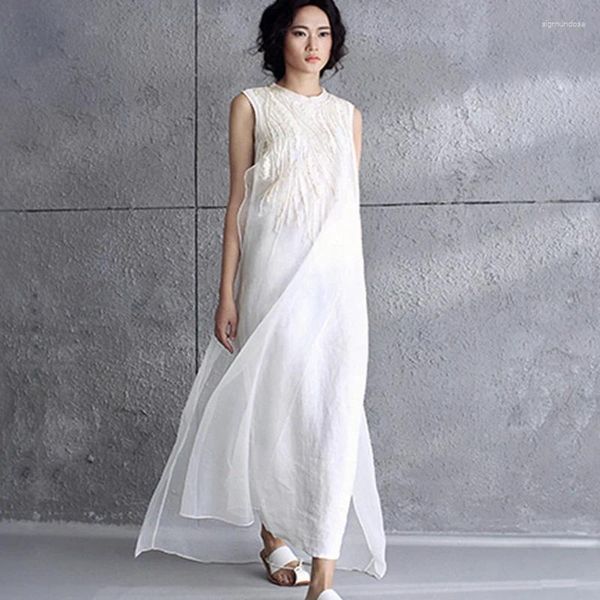 Casual Kleider 2023 Sommer Stickerei Organza Maxi Lange Tank Kleid Baumwolle Leinen Frauen Vintage Sommerkleid Robe Weiß Strand R2420