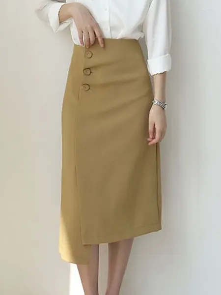 Юбки с высокой талией, женская юбка-карандаш, осень 2023, корейский стиль, однотонная, асимметричная, офисная, женская, элегантная, длинная, P007