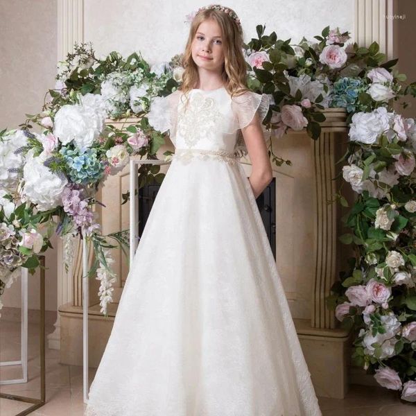 Платья для девочек, элегантное платье с цветочным узором для свадьбы, тюлевое платье с аппликацией, кружевное платье принцессы с короткими рукавами, первый евхаристический день рождения ребенка