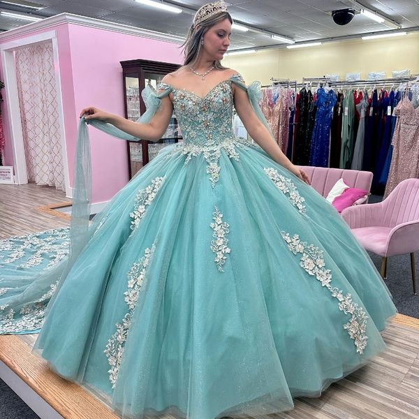 Aquablaues, glänzendes Prinzessin-Quinceanera-Kleid mit V-Ausschnitt und Ballkleid mit Cape-Applikation, Spitze, Perlen, süßes 16-Kleid, für 15 Jahre