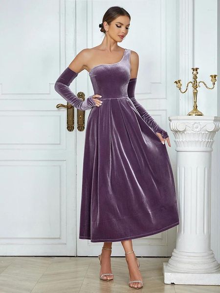 Повседневные платья, сексуальное платье трапециевидной формы на одно плечо с перчатками, женское фиолетовое бархатное платье без рукавов с наклонным вырезом, миди, коктейльная вечеринка