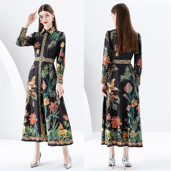 Laternenärmel Urlaub Boho Maxikleid Frau Runway Designer Print Revers Knopf Schlank Hohe Taille Schwarz Vintage Hemdkleider 2023 Frühling Herbst Elegante Partykleider