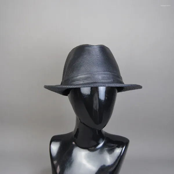 Berretti Autunno Inverno Uomo Vera pelle di pecora Berretti a tesa larga Elegante Jazz Gentleman Pelle Corto Nero Attrezzato Casual Cappello a cilindro da cowboy