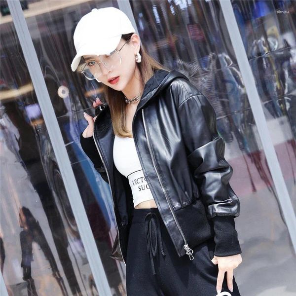 Couro feminino 2023 real jaqueta feminina coreano casaco com capuz preto genuíno jaquetas de pele carneiro curto outwears jaqueta