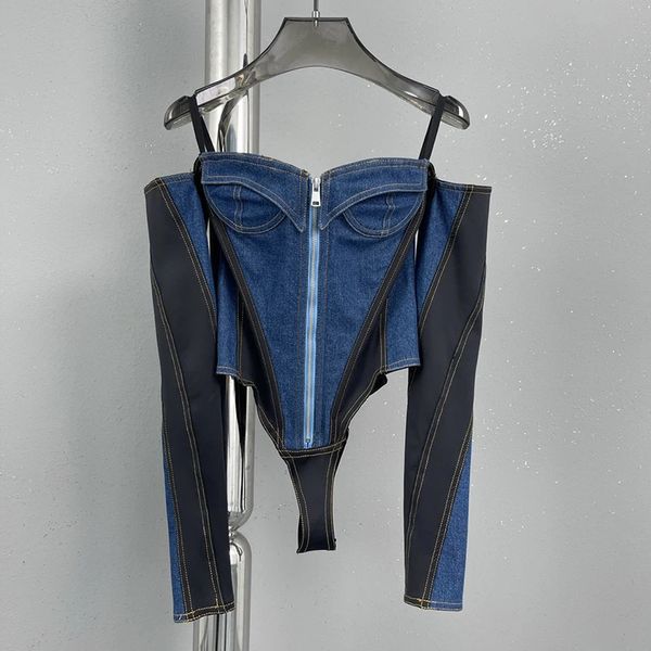 Kadınların tulumları yükseltmeler moda kadınlar fermuarlı denim bodysuits içi boş uzun kollu sıska bodysuit mavi kısa tulum kıyafetleri 231202