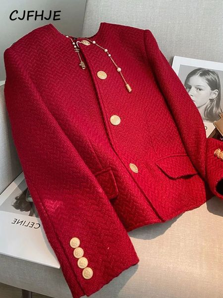 Abiti da donna Blazer CJFHJE Rosso Elegante Vintage Coreano Bottoni Cappotti Autunno Inverno Moda Giacca manica lunga Alta qualità Donna 231202