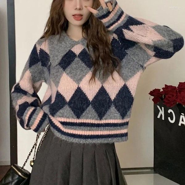 Suéter feminino versão coreana de contraste rômbico gola de boneca pulôver feminino suéter de outono