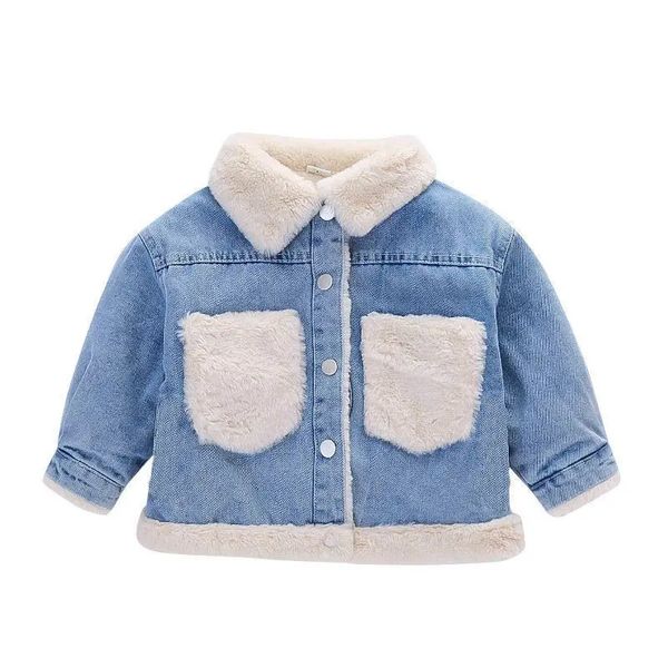 Jaquetas outono crianças jean colete velo térmico faux pele colete meninas jaquetas roupas de inverno criança casual denim cor sólida bebê menina jaquetas 231202