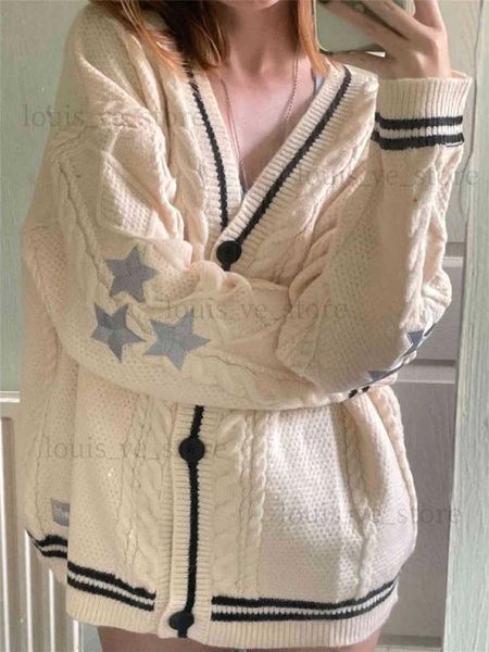 Suéteres femininos Deeptown Y2K Vintage Swift Knit Cardigan Mulheres Outono Tay Star Bordado Suéter Preppy Oversized Manga Longa Top Streetwear T231204