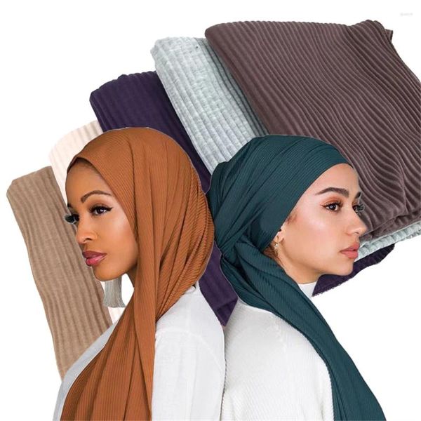 Ethnische Kleidung Mode Twill Geprägte Falten Hijab Schal Lange Muslim Schal Plain Weiche Turban Krawatte Kopf Wraps Für Frauen Afrika stirnband 90