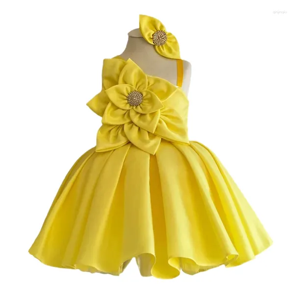 Mädchenkleider Gelbes Satin-Blumen-Partykleid für Mädchen, elegant, knielang, schulterfrei, Geburtstag für Kinder, Festzug 1–14 Jahre