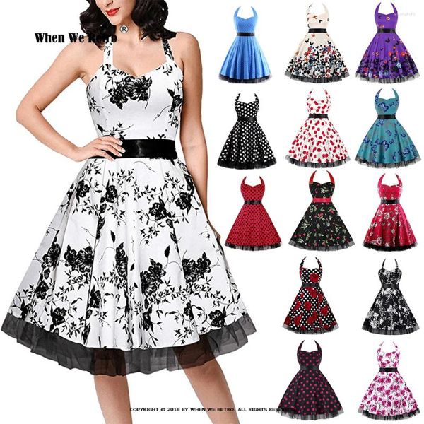 Vestidos casuais vintage hepburn halter malha vestido sem mangas floral impressão 50s 60s rockabilly baile de formatura polka dot robe vd3791