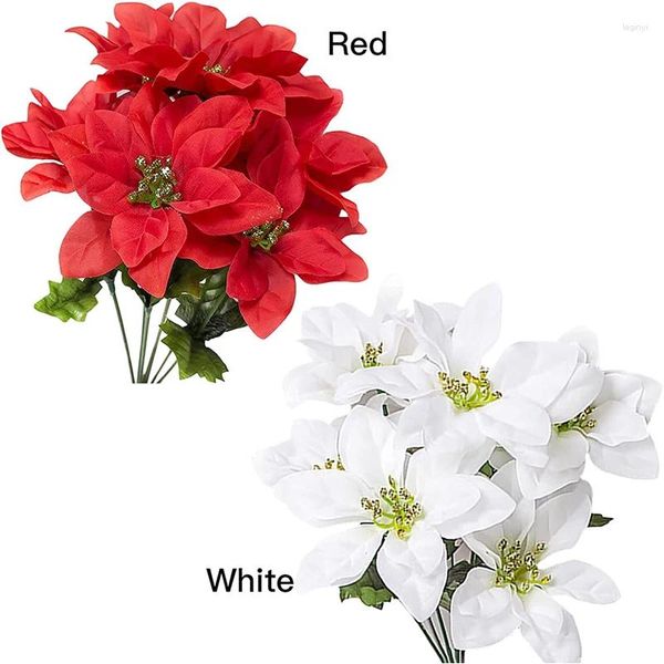 Dekoratif çiçekler 35cm yapay poinsettia çalıları sahte 7 kafaları beyaz kırmızı ipek Noel çiçek buket ev düğün partisi dekor