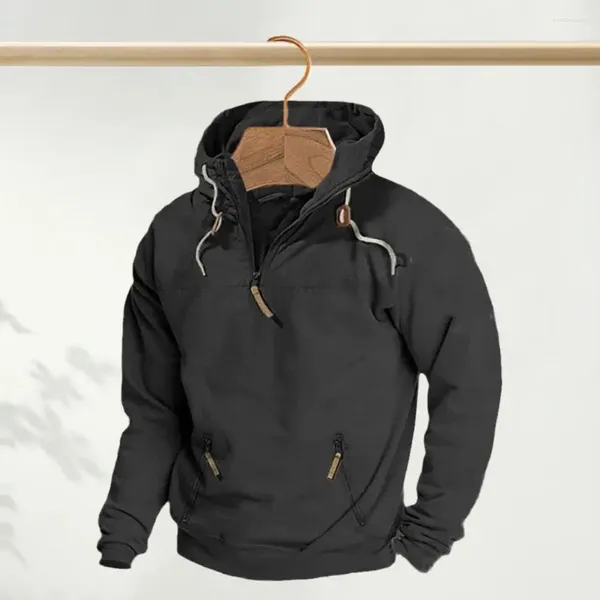 Hoodies masculinos com zíper decote moletom com capuz de cor sólida com bolsos elegante pulôver de inverno para esportes