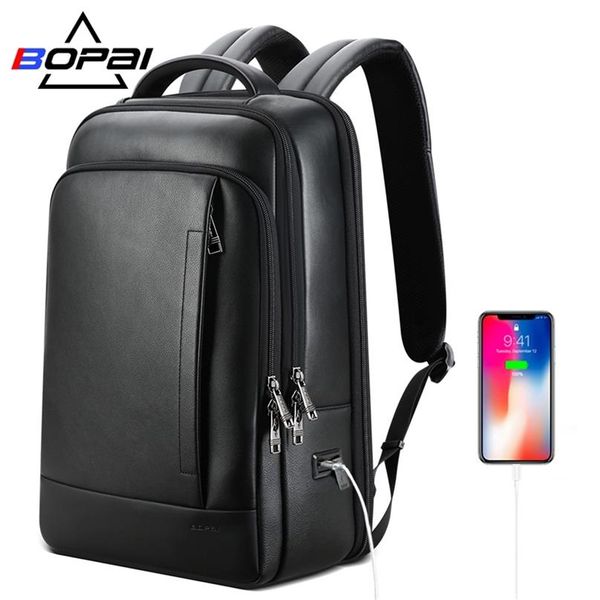 BOPAI Echtes Leder Rucksack Laptop Herren Business Casual Wasserdichte Rucksack Männlichen Computer Rucksack Schwarz Rucksack 220210345P