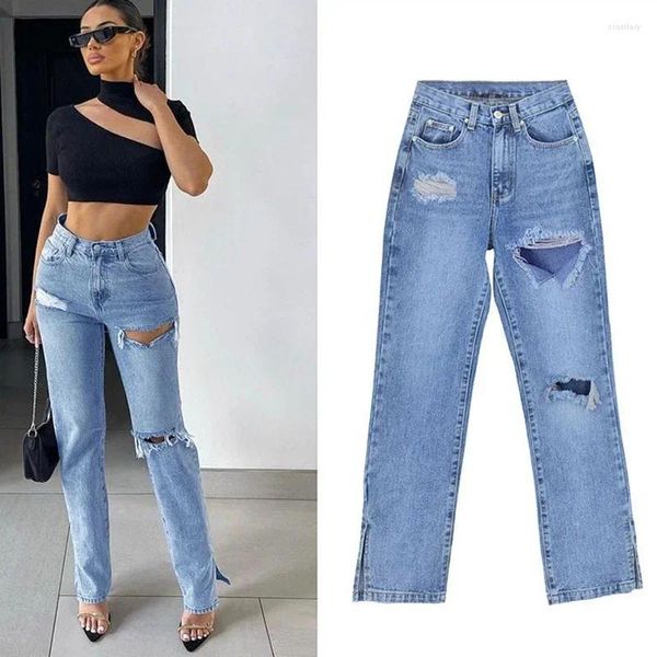 Frauen Jeans 2023 Mode Straße Hipster Gerade Hosen Frauen Split Sexy Cut Out Hohe Taille Lange Hosen 30209