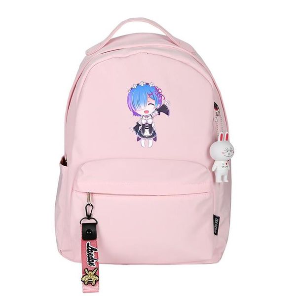 Mochila ReLife em um mundo diferente de Zero Rem Ram Mulheres Bonito Mochila Feminina Nylon School Bag Rosa Daypack Viagem Rugzak248H