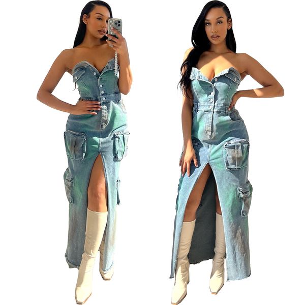 Designer trägerlose Denim-Kleider für Damen, ärmelloses Kleid mit Knöpfen, sexy rückenfreies, geteiltes Kleid mit Taschen, Straßenkleidung, Großhandel für Kleidung 10389