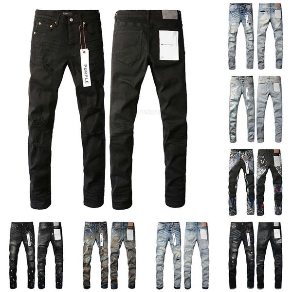 Jeans Mens Roxo Moda Angustiado Rasgado Motociclistas Mulheres Denim Carga Homens Calças Pretas