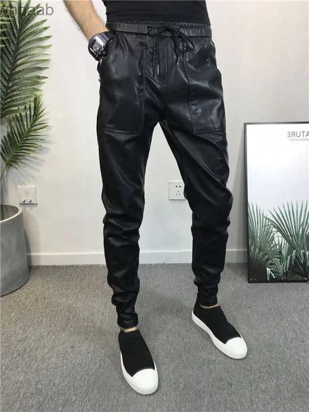 Männer Hosen Streetwear Hip Hop Hosen Männer Dünne Faux Leder Hosen Plus größe Biker Harem Hosen Jogger Schwarz YQ231204