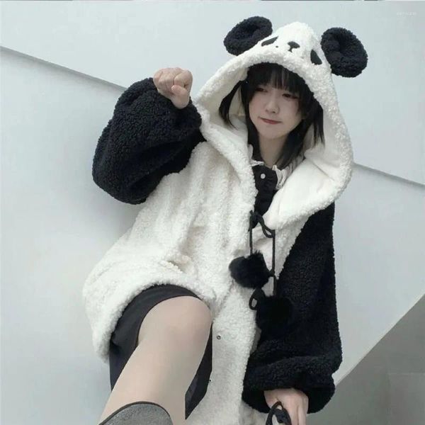 Kadın Hoodies Kış Sevimli Kadınlar Panda Kulakları Kapşonlu Sweatshirt Peluş Toplar Zip-Up gevşek Kawaii Sudadera Genç Okul Kızları JK Giyim