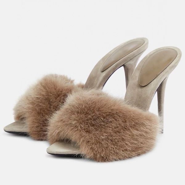 vizon saç terlik tasarımcısı ayakkabılar kadınlar terlik moda sivri ayak parmakları stiletto topuk sandal hayvan süet katırlar slingback yüksek topuklu ayakkabılar 10cm, parti, elbise, akşam