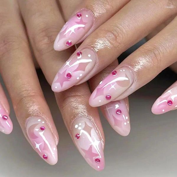 Unghie finte 24 pezzi cuore rosa con disegni di cristalli glitterati punte per unghie artificiali di mandorla d'amore Ins Y2k Lady manicure patch