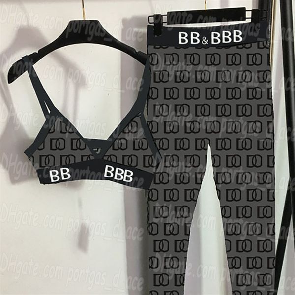 Tulle Women Bra Leggings Set Letter Flocking Design Veja através do Yoga Roupfits Black Sexy Lingerie Bras Tops Conjunto