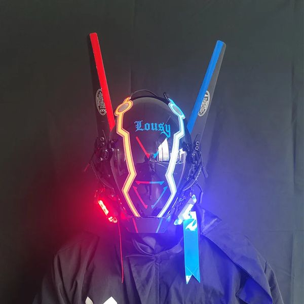 Partymasken CyberPunk-Maske Cosplay Dreadlocks Cool mit LED-Zöpfen Bühnenobjekt SCI FI Halloween-Geschenke Rüstung Futuristisches Spielzeug 231204