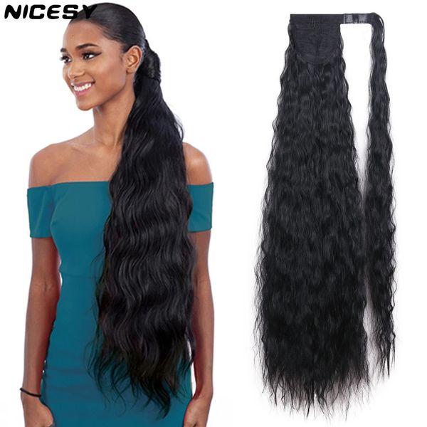 Perucas sintéticas Nicesy sintético 34 polegadas longo ondulado milho bigode cabelo encaracolado rabo de cavalo fibra de cabelo resistente ao calor peruca clipe estilo cabelo 231204