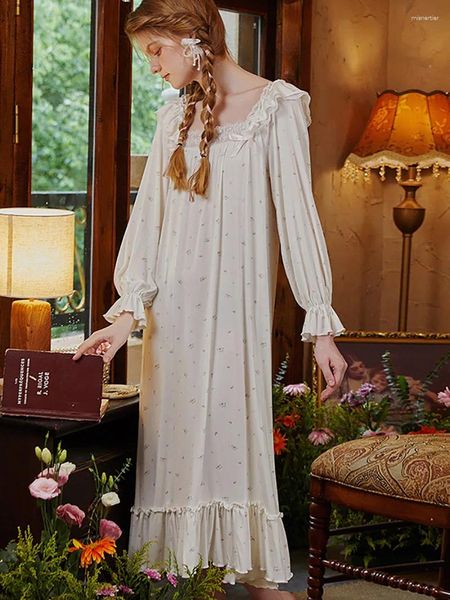 Damen-Nachtwäsche, Damen-Herbst-Fee-Vintage-Prinzessin-Pyjama-Nachthemd, Rüschen-Druck, Modal-Mesh, Lolita, süßes Mädchen-Nachthemd, viktorianisch
