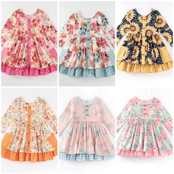 Mädchenkleider Exklusive Girlymax Herbst/Winter Daisy Floral Fox Print Baby Mädchen Boutique Kleidung Kinder Kleid Rüschen Langarm Knielang 231204