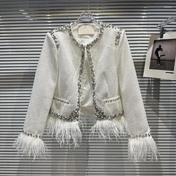 Giacche da donna Elegante mondanità Piuma di struzzo Cappotto di lana Donna Strass pesante Bianco Giacca corta in tweed Capispalla 2023 Autunno Inverno