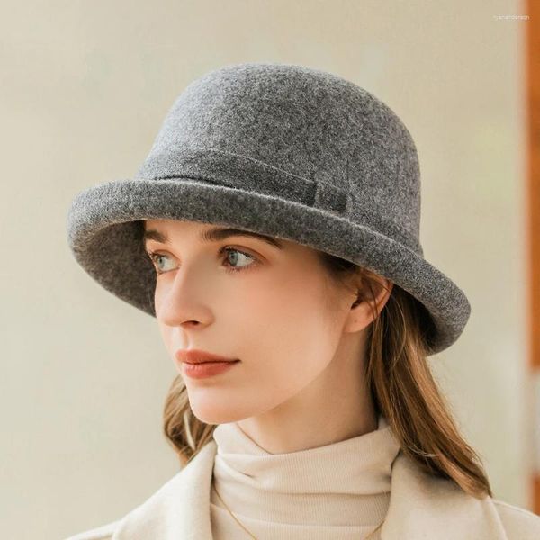 Berets lã feltro flangeando floral fedoras feminino outono inverno cloche balde chapéus elegante banquete fedora chapéu