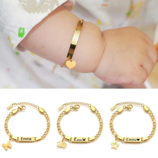 Charme pulseiras personalizado data nome pulseira para o bebê primeiro presente de aniversário personalizado cor de ouro de aço inoxidável menino meninas jóias para mãe crianças 231204