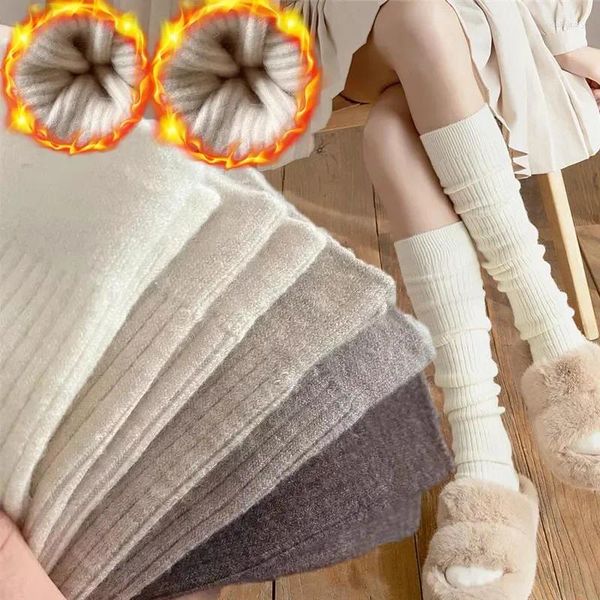 Meias femininas meias de lã quente outono sobre o joelho-alta panturrilha coxa inverno casual grosso cashmere bota longa sólida