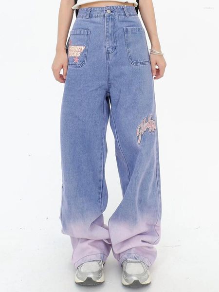 Jeans femininos dopamina vestindo gradiente para mulheres 2023 outono solto bf street