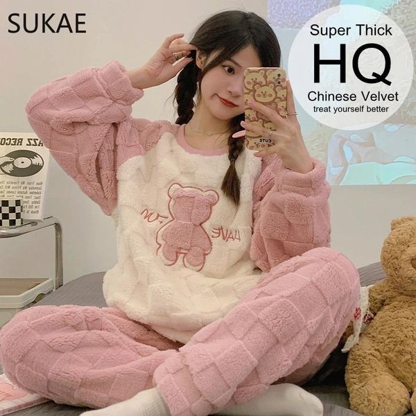 Mulheres sleepwear sukae hq chinês grosso veludo inverno mulheres pijamas térmicos conjunto de mangas compridas pijamas rosa urso formal pijama coreano