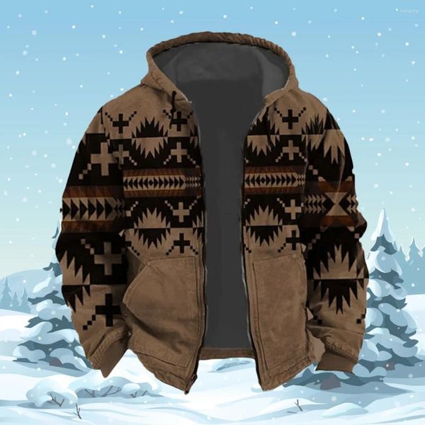 Мужские толстовки с капюшоном, теплая толстовка 2023, зимняя мужская куртка на молнии с флисовым капюшоном, одежда в племенном традиционном принте, праздничная верхняя одежда