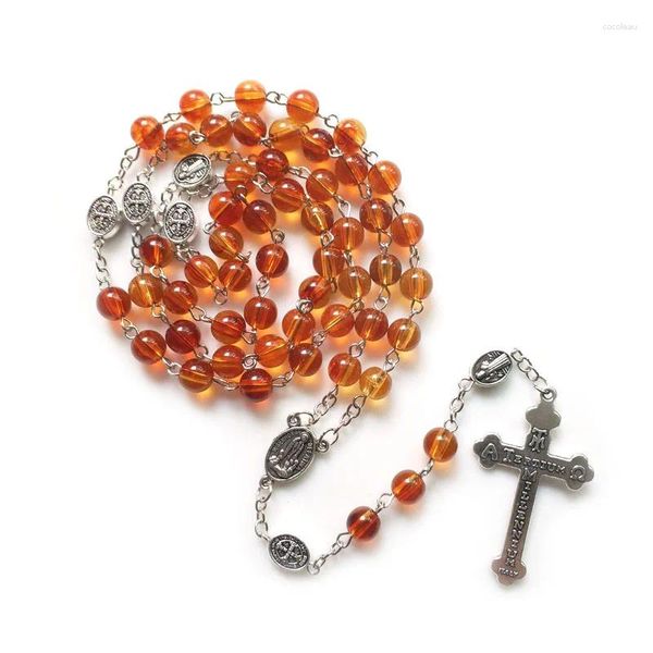Anhänger Halsketten Rosenkranz Halskette Braune Acrylperlen Strang Kreuz Für Männer Frauen Katholischen Schmuck