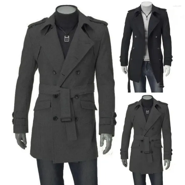 Мужские тренчи, мужское пальто, стильное двубортное пальто с поясом, воротник средней длины, дизайн на осень-зиму, однотонный