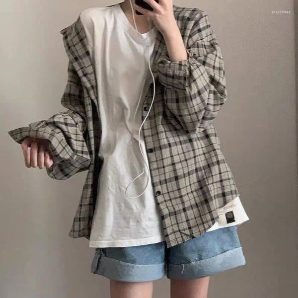 Damenblusen Deeptown Vintage Plaid Damen Braune Hemden Übergroße lässige Harajuku Koreanische Mode Preppy Style Langarm Cardigan Top